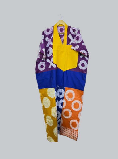 Vibrant Patchwork Batik Kaftan with Yellow V-Neck Yoke